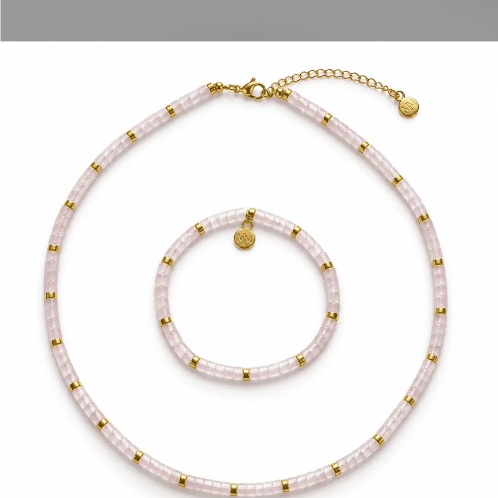 Pale Pink Quartz Natural StoneBeaded Necklace and Bracelet Set with Gold Accents